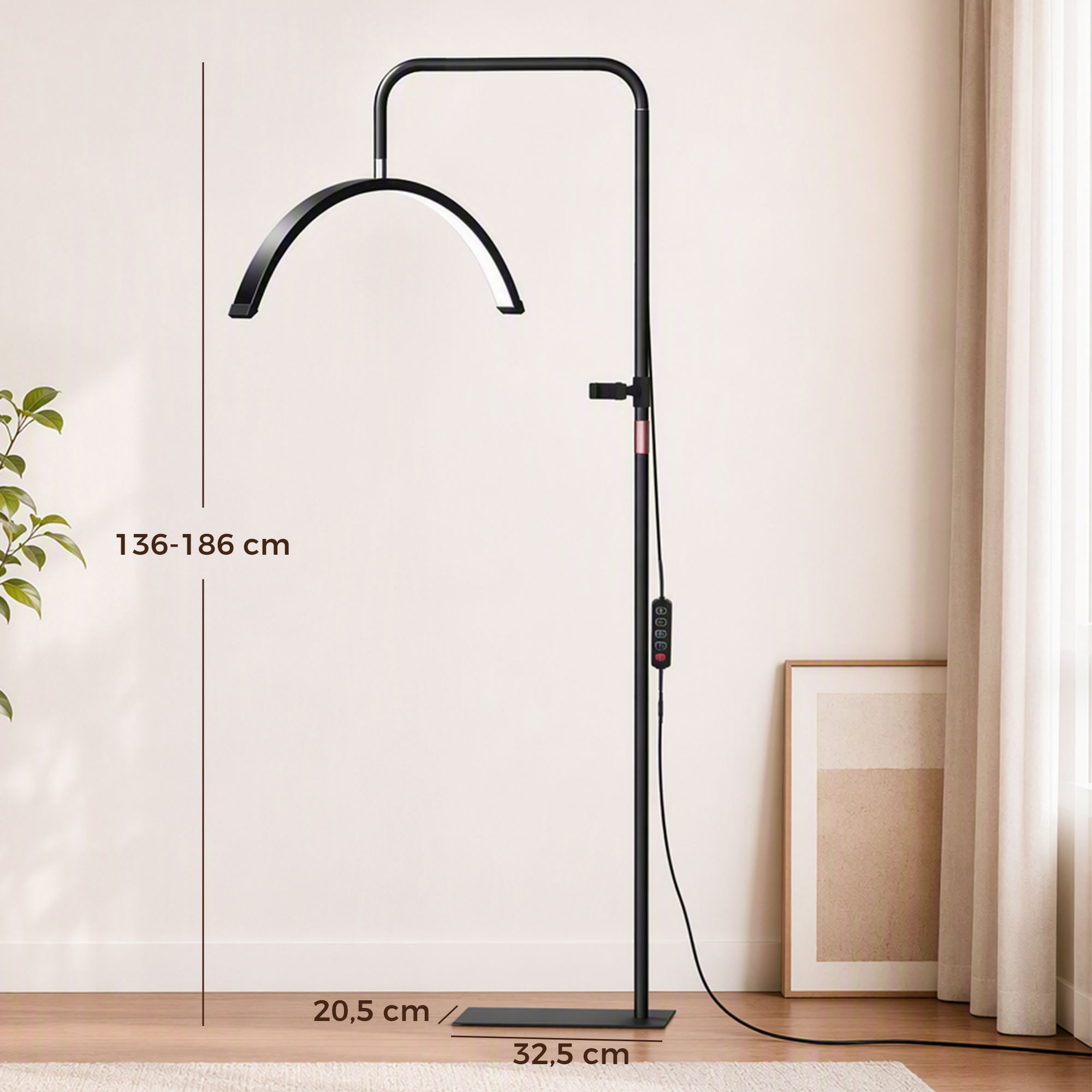 Lampadaire LED demi-lune rotative 350°, lampadaire sur pied salon dimmable 36 W, 7 températures de couleur, noir - Image 3