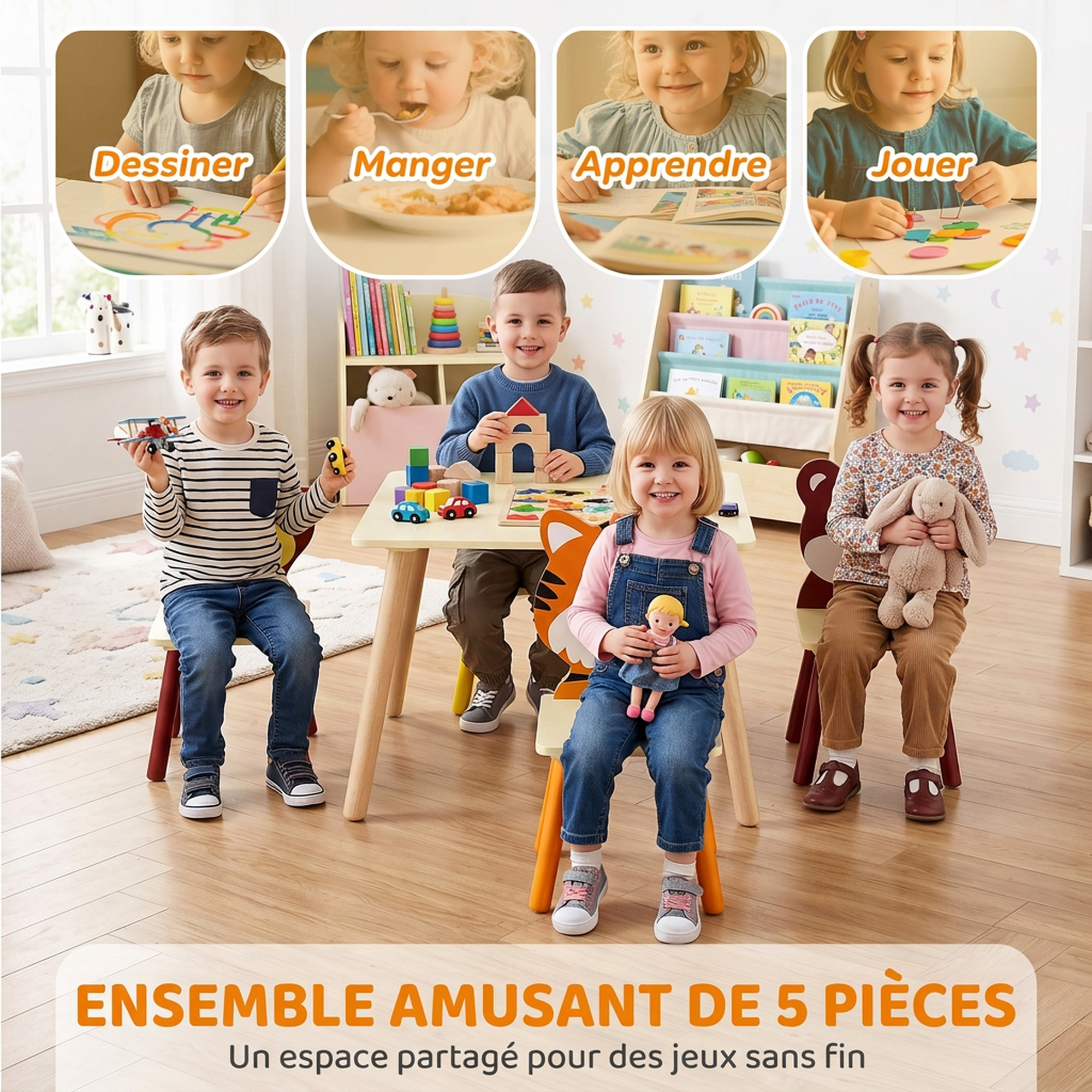 Table enfant avec 4 chaises animaux – Tigre, lion, singe et ours – Ensemble en bois coloré 3 à 8 ans - Image 4