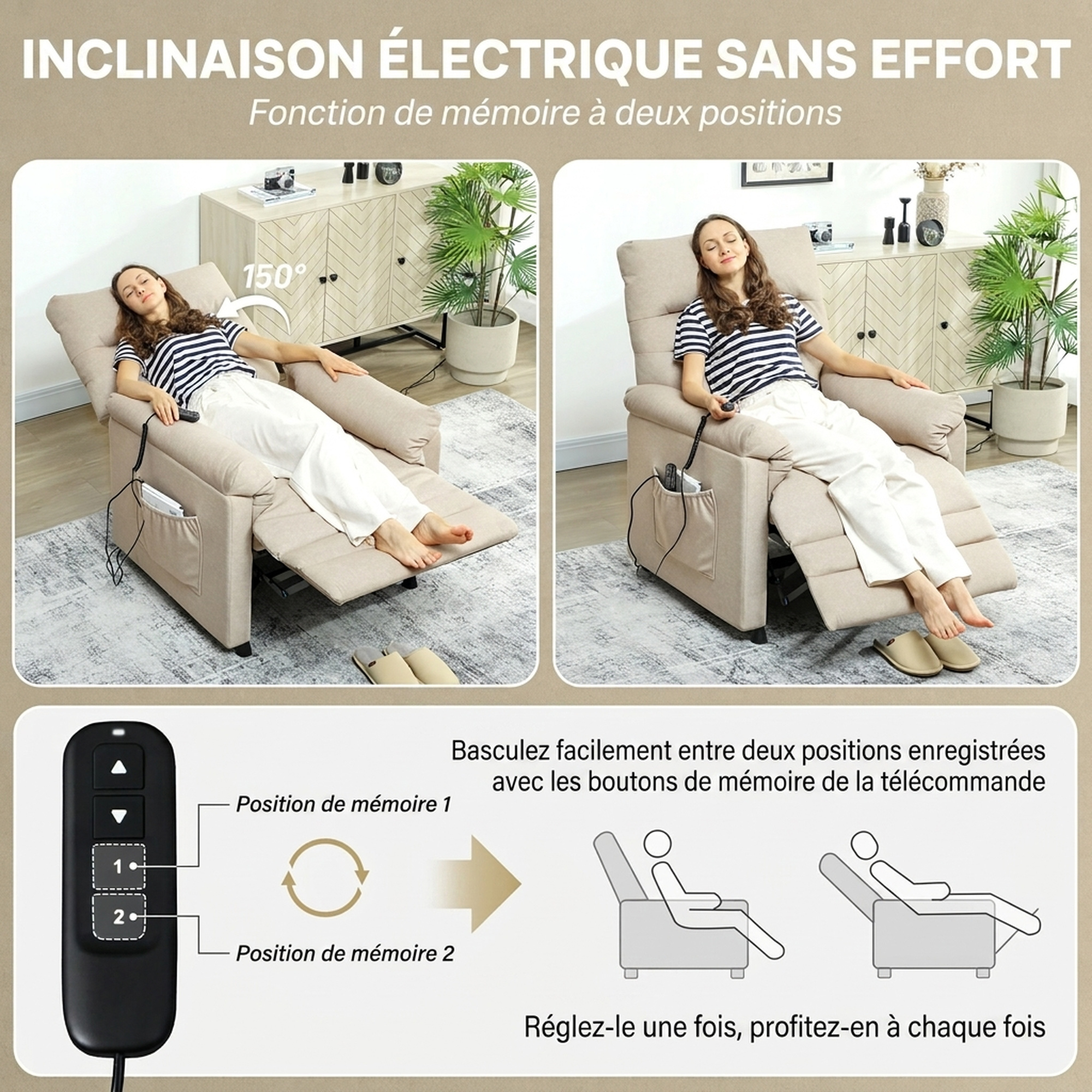 Fauteuil relax électrique massant beige – Inclinaison 150°, massage 8 points, chauffage lombaire et mémoire 2 positions – Bild 5